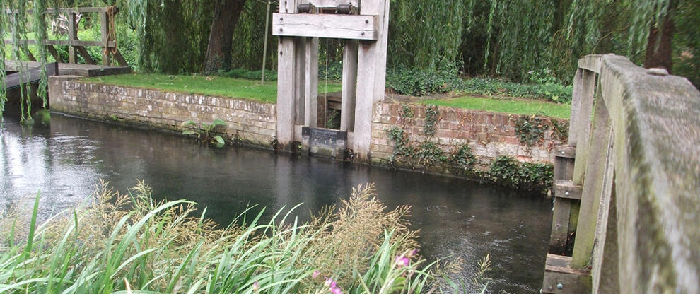 The leat and original bypass sluice at Redbournbury Mill